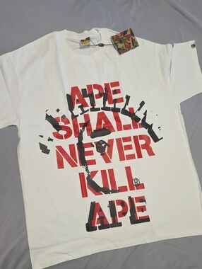 Bape White Tee with Red & Black 'APE SHALL NEVER KILL APE' Graphic